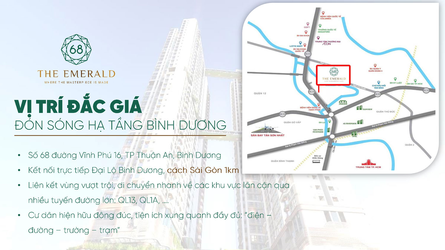 The Emerald 68 Bình Dương nằm tại QL13 - cửa ngõ phía Bắc của Sài Gòn.